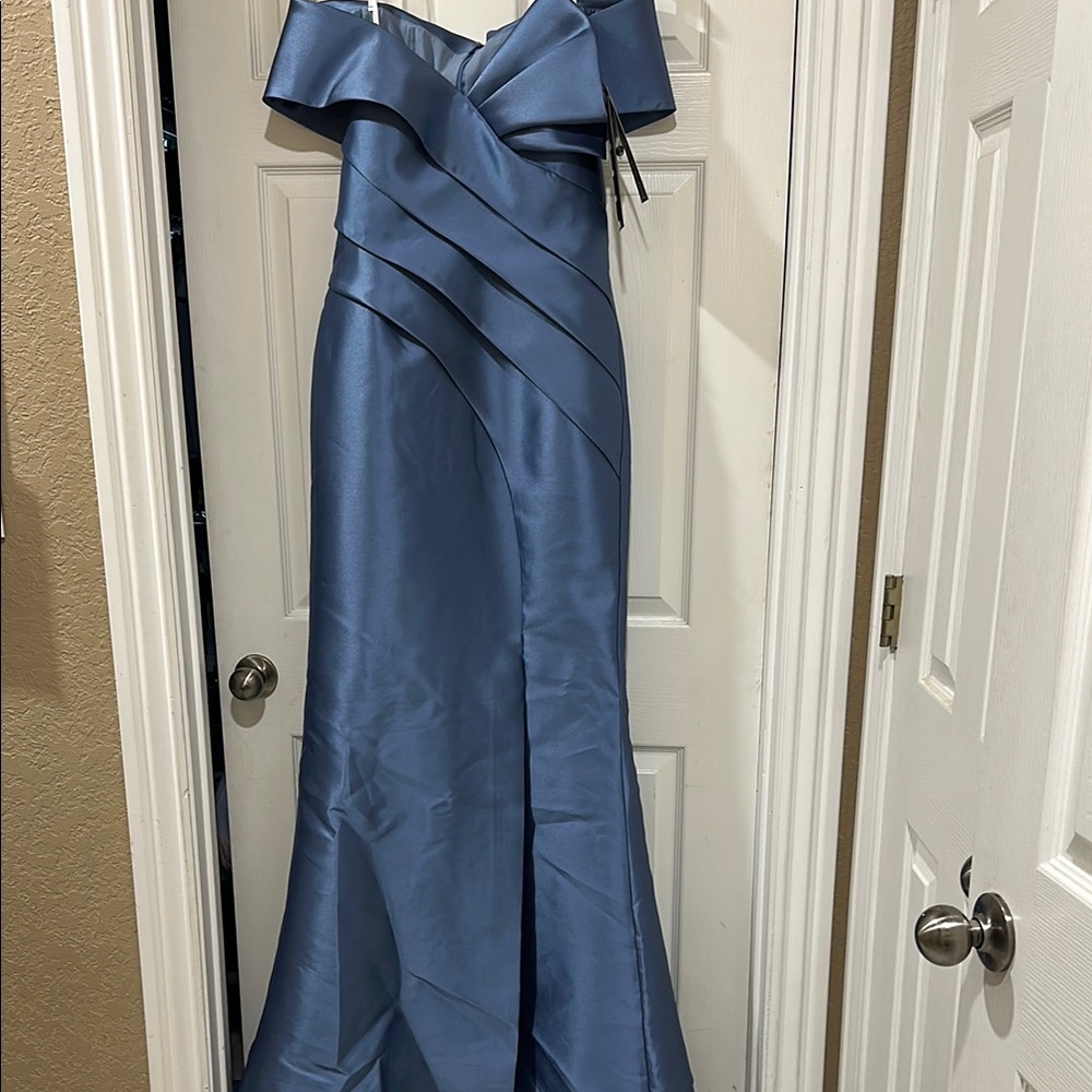 Off-Shoulder Blue Satin Mermaid Wedding Dress